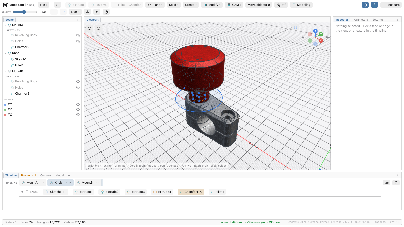 Three-part PBD40 Knob assembly imported from Fusion, with its editable Knob feature timeline expanded
