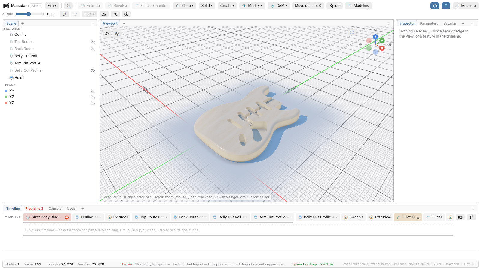 The Stratocaster body imported from Fusion with editable sketch and modelling features